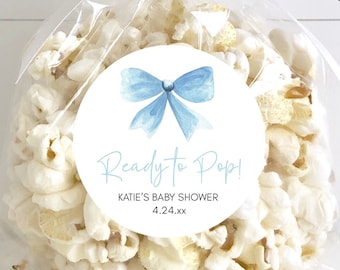 Ready to Pop Labels, Blue Bow, Boy Baby Shower, Dusty Blue Ribbon, Shower Labels, Popcorn Stickers, Personalized Shower Favor, Watercolor