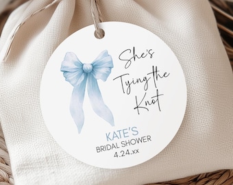 She's Tying the Knot, Dusty Blue Bow Bridal Shower Tags, Wedding Shower, Guest Favors, Coquette Theme, Watercolor Ribbon, Preppy Aesthetic