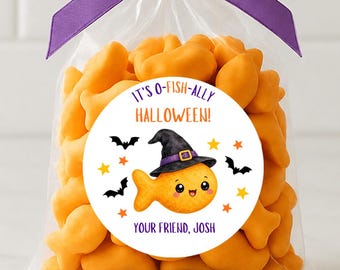 Halloween Goldfish Labels, O-fish-ally Halloween, Trick or Treat Bag Stickers, Classroom School Party Snack, Favors for Students, Gold Fish
