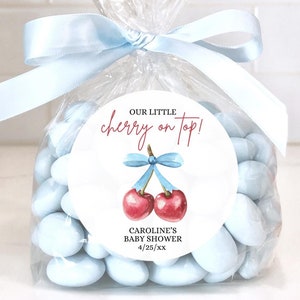 Thank You Cherry Much, Boy Baby Shower Labels, She&#39;s the Cherry on Top, Blue Coquette Bow Sticker, Custom Personalized Label, Cherry Sweet
