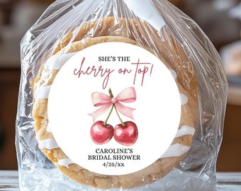 She's the Cherry on Top, Bridal Shower Labels, Thank You Cherry Much, Pink Coquette Bow Sticker, Custom Personalized Label, Cherry Sweet