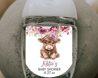 Highland Cow Hand Sanitizer Labels, Baby Girl Shower, Holy Cow Stickers, Dusty Pink Floral, Boho Guest favors, Farm Animal, Barnyard Party