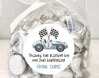 Race Car Birthday Labels, Boy Birthday Party, Racing Stickers, Birthday Stickers, Birthday Party Favors, Vintage Blue Car, Thank You Sticker