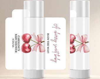 Cherry Sweet Stickers, Girl Baby Shower Lip Balm Labels, She's the Cherry on Top, Pink Coquette Bow, Guest Favors, Thank You Cherry Much