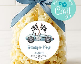Retro Vintage Blue Car Labels, Editable Ready to Pop, Boy Baby Shower Stickers, Racing Theme, Popcorn Treat Bag Favors, Custom Personalized