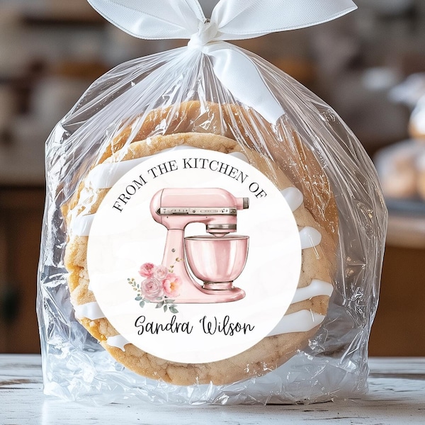 From the Kitchen of Label, Custom Bakery Business Stickers, Cookie Stickers, Treat Favor Labels, Pink Mixing Bowl, Baked with Love Stickers