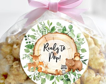 Baby Shower Favor Labels, Ready to Pop, Woodland Animal Labels, Popcorn Labels, Baby Shower Stickers, Personalized Favors, Printed Labels
