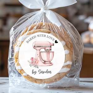 Baked with Love Label, Custom Bakery Business Stickers, Cookie Stickers, Treat Bag Favor Labels, Pink Kitchen Mixing Bowl, Baking Stickers