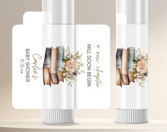 A New Chapter Begins, Baby Shower Lip Balm Labels, Storybook Theme, Shabby Vintage, Library Stickers, Thank You Labels, Guest Treat Favors