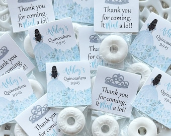 Quinceanera Mint Favors, 15th Birthday Favors, Quinceanera Party Favors, Mis Quince, Light Blue Floral Tags, Blue Silver Dress Mint Toppers