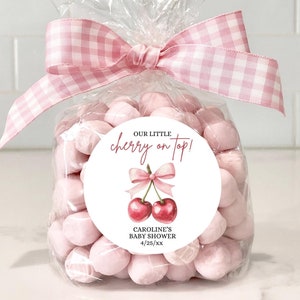 Thank You Cherry Much, Girl Baby Shower Labels, She&#39;s the Cherry on Top, Pink Coquette Bow Sticker, Custom Personalized Label, Cherry Sweet