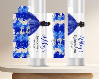 Quinceanera Lip Balm Labels, Royal Blue Floral Labels, Quinceanera Favors, 15th Birthday Stickers, Quince Personalized Favors, Sweet 16