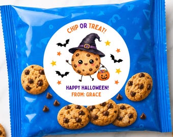 Halloween Cookie Labels, Chip or Treat, Chocolate Chip Stickers, Trick or Treat Gift Bag, Classroom School Party Snack, Favors for Students
