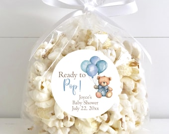 Ready to Pop Labels, Teddy Bear with Balloons, Baby Shower Labels, Boy Baby Shower, Popcorn Labels, Personalized Shower Favors, Watercolor
