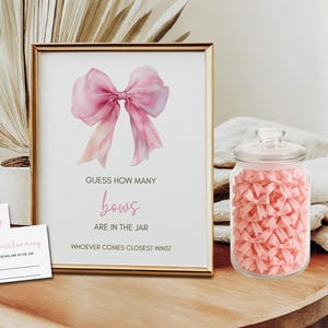 Indovina quanti fiocchi ci sono nel barattolo, gioco per baby shower, gioco di indovinelli, fiocco rosa Coquette, baby shower per bambine, download immediato, cartello minimalista