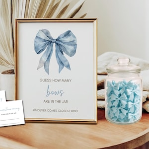 Indovina quanti fiocchi ci sono nel barattolo, gioco per baby shower, gioco di indovinelli, fiocco blu Coquette, baby shower per maschietti, download immediato, cartello minimalista