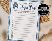 What's in the Diaper Bag Game, Blue Jean Baby Shower, Printable Baby Game, Boy Denim Baby Shower, Instant Download, Diaper Bag Shower Game