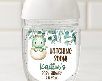 Hatching Soon Dinosaur Baby Shower, Sanitizer Labels, Boy Baby Shower, Dinosaur Baby Shower, Baby Shower Favors, Dino Party Stickers