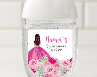 Hot Pink Quinceanera, Hand Sanitizer Labels, Mis Quince Stickers, 15th Birthday Favors, Flower Labels, Sanitizer Favors, Fuchsia Dress Label