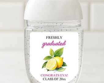 Freshly Graduated, Graduation Sanitizer Labels, Lemonade Stickers, Class of 2026 Decor, Graduation Party Favors for Guests, Fresh Pink Lemon