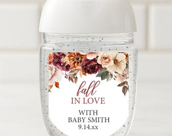 Fall In Love Baby Shower, Baby in Bloom Party Favors, Autumn Hand Sanitizer Labels, Burgundy Rust Flowers, Custom Stickers, Gifts for Guests