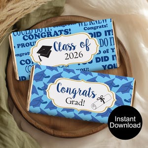 Afstuderen candybar wrapper, lichtblauwe chocolade wrappers, klasse van 2026 feestartikelen, afdrukbare snoeplabels, direct downloaden
