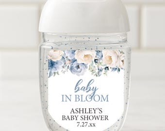 Baby in Bloom, Blue Floral Hand Sanitizer Labels, Boy Baby Shower, Baby Sprinkle Favors, Custom Printed Stickers, Party Gifts for Guests