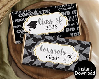 Afstuderen reep wrapper, zwarte en grijze chocolade wrappers, klasse van 2026 feestartikelen, afdrukbare snoeplabels, Instant Download