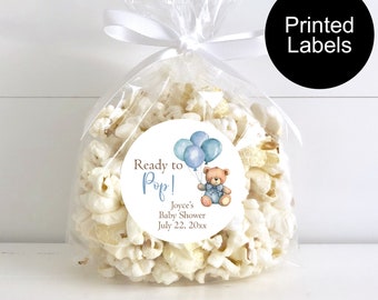 Ready to Pop Labels, Teddy Bear with Balloons, Baby Shower Labels, Boy Baby Shower, Popcorn Labels, Personalized Shower Favors, Watercolor