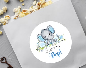 Ready to Pop Labels, Baby Shower Labels, Boy Baby Shower, Elephant Theme, Popcorn Labels, Personalized Shower Favors, Elephant Labels