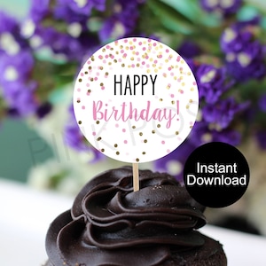 Birthday Cupcake Toppers, Pink Gold Confetti Cupcake Toppers, Birthday Party Favors, Printable Cupcake Toppers, Instant Download