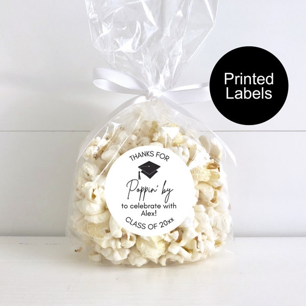 Graduation Stickers, Thanks for Poppin' By, Popcorn Favor Sticker, Class of 2024, Label for Guests, Personalized Favors, Minimalist Sticker