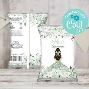 Quinceanera Chip Tasche, Salbeigrüne Blumenchiptasche, 15. Geburtstagsfeier, bearbeitbare Chiptasche, Mis Quince Gefälligkeiten, druckbare Chipbeutelverpackung