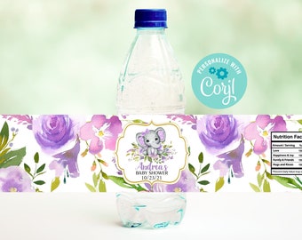 May include: Water bottle label with a purple floral design and a cute elephant illustration. The label says "Andrea's Baby Shower 10/23/21".