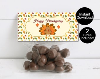 May include: A clear cellophane bag filled with chocolate candies. The bag is topped with a decorative label that reads "Happy Friendsgiving" and features a cartoon turkey. The label is surrounded by fall leaves and the words "Instant Download" and "2 Sizes Included!" are also visible.