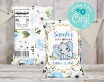 Elephant Chip Bags, Baby Shower Chip Bags, Elephant Baby Boy Shower, Editable Chip Bag, Instant Download, Chip Bag Wrappers, Printable File