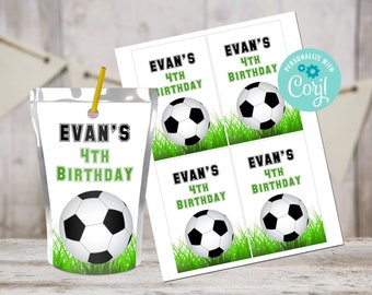 May include: Printable juice box labels featuring a soccer ball design with green grass. The labels say "Evan's 4th Birthday".