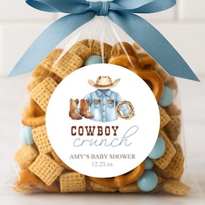 Cowboy Baby Shower Favor Labels, Cowboy Crunch Thank You Stickers, A Little Cowboy is on the Way, Western First Rodeo, Boy Baby Shower