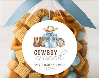 Cowboy Baby Shower Favor Labels, Cowboy Crunch Thank You Stickers, A Little Cowboy is on the Way, Western First Rodeo, Boy Baby Shower