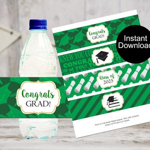 Graduation Water Bottle Labels, Green Graduation Party Favors, Class of 2025, Printable Bottle Wrappers, Instant Download, Green Labels