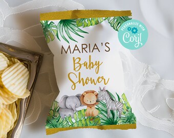 Baby Shower Chip Bags, Safari Chip Bags, Jungle Baby Shower, Safari Shower, Editable Chip Bag Wrappers, Instant Download, Baby Shower Favors