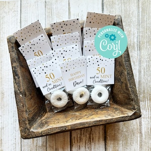 Editable Black Gold Birthday Mint Favors, 50th Birthday Favors, In Mint Condition, Fifty Years, Custom Party Gifts for Guests, Mint Tags