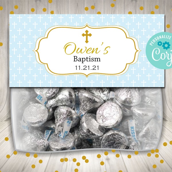 Editable Baptism Bag Toppers, Boy Christening Favor, Blue Cross Bag Topper, Baptism Favor Bag, Christening Treat Bag, Printable Bag Topper