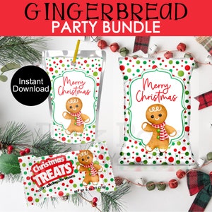 Christmas Party Bundle, Gingerbread Chip Bags, Printable Christmas Favors, Instant Download, Juice Pouch Labels, Rice Cereal Treat Wrappers