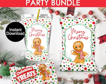 May include: A Christmas party bundle with a gingerbread theme. The set includes a drink pouch, a treat bag, and a candy wrapper, all decorated with gingerbread men and the words "Merry Christmas". The drink pouch has a straw.