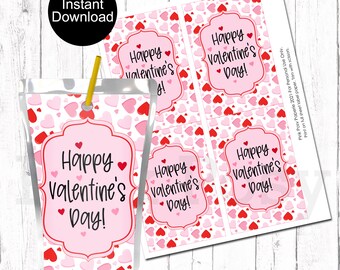 Etiketter för alla hjärtans dag-juicepåsar, etiketter för festjuice, alla hjärtans dag-festgåvor, klassrumsfest, utskrivbart juiceomslag, direktnedladdning