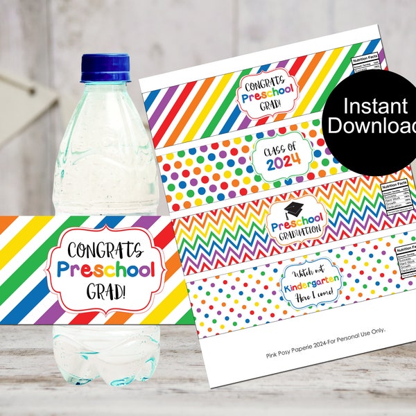 Graduation Water Bottle Labels, Preschool Graduation, Class of 2024, Printable Bottle Wrappers, Instant Download, Graduation Party Favors