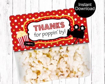 Movie Night Bag Toppers, Birthday Treat Bag Favors, Popcorn Bag Toppers, Printable Movie Favor Tag, Birthday Bag Topper, Instant Download