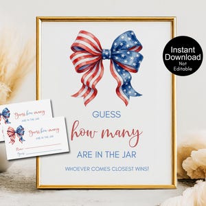 Op de afbeelding: Een ingelijst bord met een gouden rand toont een aquarelboog in rood, wit en blauw, met de tekst "Raad hoeveel er in de pot zitten". Twee bijpassende kaarten liggen voor het bord. Een zwarte cirkel met witte tekst luidt "Direct downloaden Niet bewerkbaar."