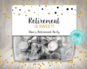 May include: A white favor bag with gold glitter confetti and black dots. The bag has a label that says "Retirement is Sweet! Dave's Retirement Party". The bag is filled with silver foil-wrapped chocolate kisses.